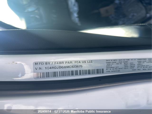 1C4RDJDG8MC823675 Dodge DURANGO GT