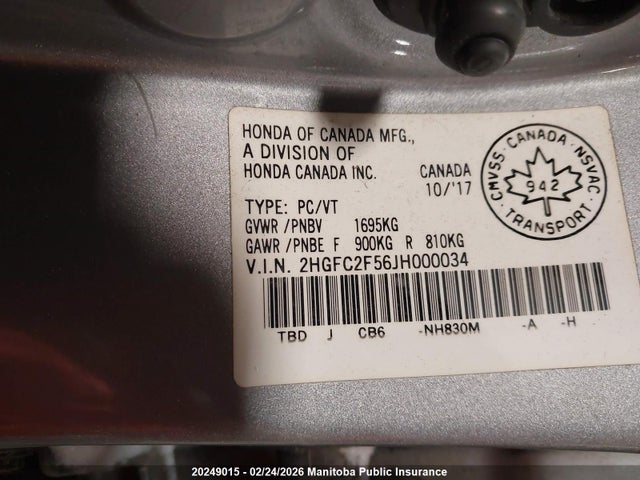 20249015 :رقم المزاد ، 2HGFC2F56JH000034 vin ، 2018 Honda Civic Lx مزاد بيع