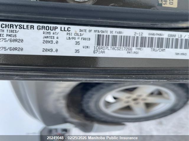 20249048 :رقم المزاد ، 1C6RD7LT0CS217266 vin ، 2012 Dodge Ram 1500 Big Horn Crew Cab مزاد بيع
