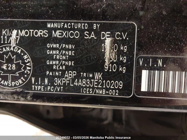 3KPFL4A83JE210209 KIA Forte Ex+