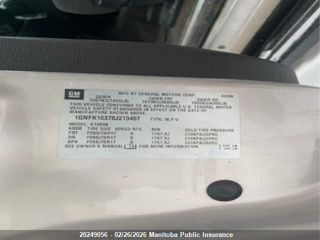 Продажа на аукционе авто 2008 Chevrolet Suburban 1500 Ls, vin: 1GNFK16378J213407, номер лота: 20249056