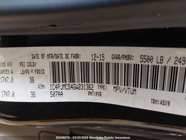 2016 Jeep Cherokee North მანქანა იყიდება აუქციონზე, vin: 1C4PJMCS4GW231362, აუქციონის ნომერი: 20249079