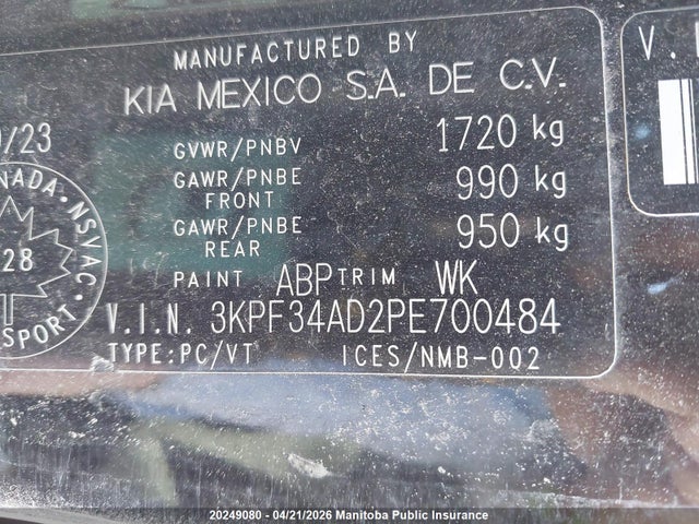 2023 Kia Forte Ex+ მანქანა იყიდება აუქციონზე, vin: 3KPF34AD2PE700484, აუქციონის ნომერი: 20249080