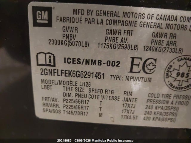 Aukcja sprzedaży 2016 Chevrolet Equinox Lt, vin: 2GNFLFEK6G6291451, numer aukcji: 20249085