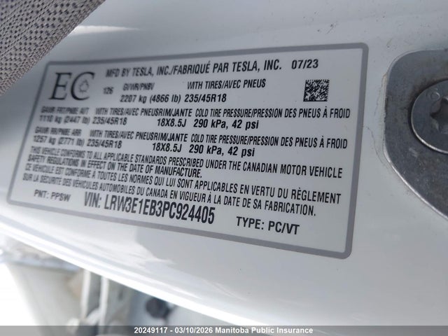 Продажа на аукционе авто 2023 Tesla Model 3 Long Range 75d, vin: LRW3E1EB3PC924405, номер лота: 20249117