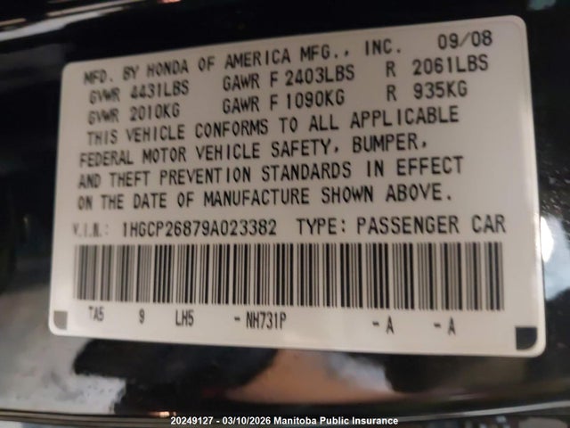 Aukcja sprzedaży 2009 Honda Accord Ex, vin: 1HGCP26879A023382, numer aukcji: 20249127