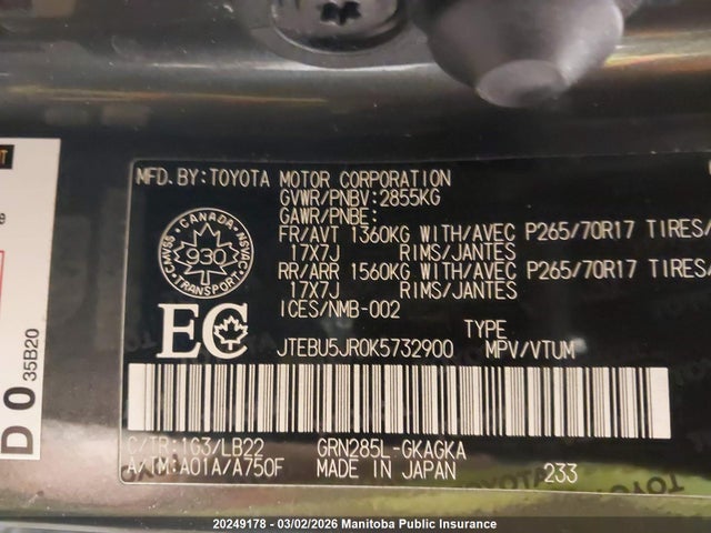 JTEBU5JR0K5732900 Toyota 4runner Sr5 V6