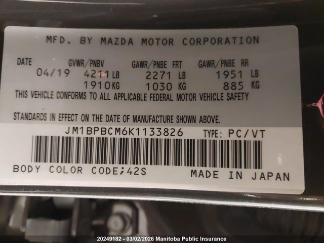 JM1BPBCM6K1133826 Mazda Mazda3 Gs I-activ