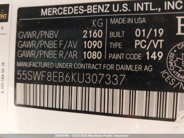 20249190 :رقم المزاد ، 55SWF8EB6KU307337 vin ، 2019 Mercedes Benz C300 4matic مزاد بيع