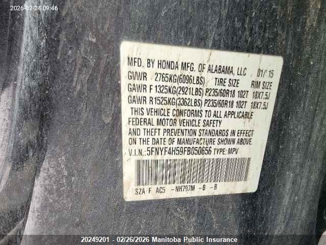 5FNYF4H59FB050656 Honda PILOT EXL