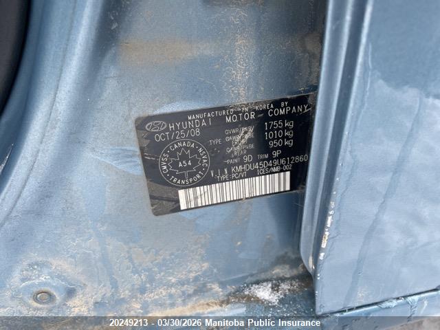 Aukcja sprzedaży 2009 Hyundai Elantra Gl, vin: KMHDU45D49U612860, numer aukcji: 20249213