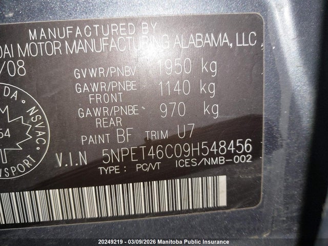 Aukcja sprzedaży 2009 Hyundai Sonata Gl, vin: 5NPET46C09H548456, numer aukcji: 20249219