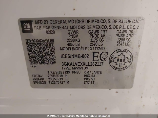 Aukcja sprzedaży 2020 Gmc Terrain Slt 2.0t, vin: 3GKALVEXXLL262117, numer aukcji: 20249275