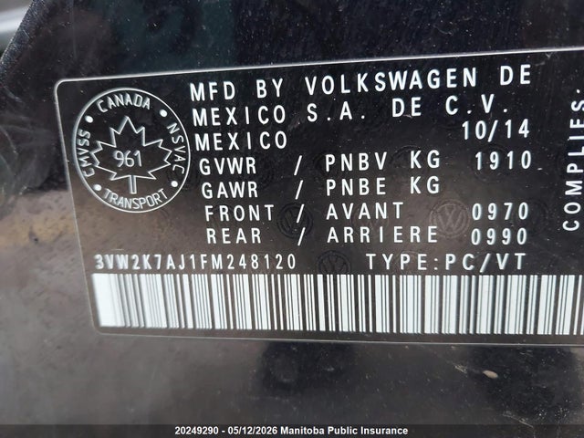 2015 Volkswagen Jetta 2.0 მანქანა იყიდება აუქციონზე, vin: 3VW2K7AJ1FM248120, აუქციონის ნომერი: 20249290