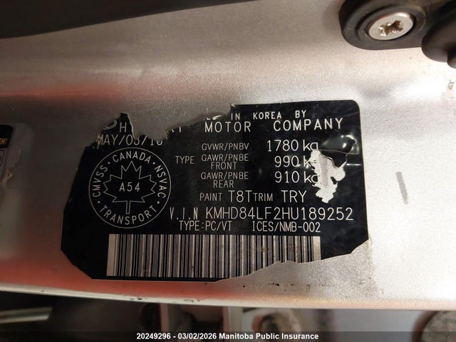KMHD84LF2HU189252 Hyundai Elantra Gls