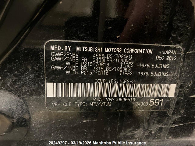 20249297 :رقم المزاد ، JA4AT2AW7DU606513 vin ، 2013 Mitsubishi Outlander Es مزاد بيع