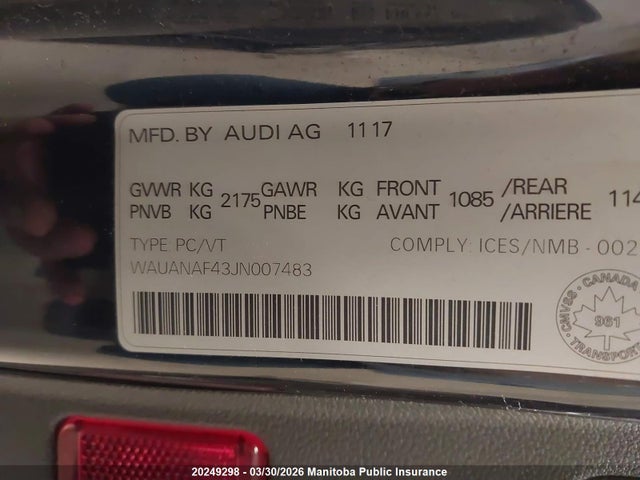 20249298 :رقم المزاد ، WAUANAF43JN007483 vin ، 2018 Audi A4 2.0t Quattro مزاد بيع
