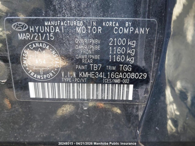 KMHE34L16GA008029 Hyundai Sonata Limited Hybrid