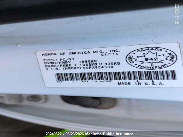1HGCR2F90FA804338 Honda Accord Touring
