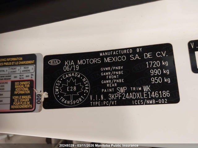 3KPF24ADXLE146186 KIA FORTE LX