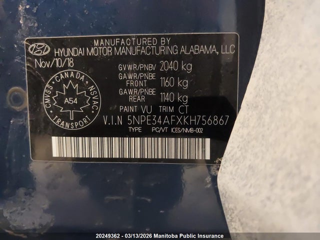 5NPE34AFXKH756867 Hyundai Sonata Essential