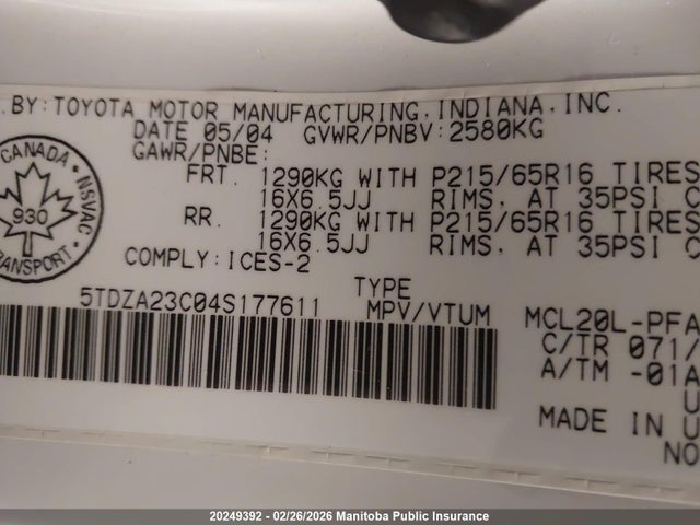 20249392 :رقم المزاد ، 5TDZA23C04S177611 vin ، 2004 Toyota Sienna Le V6 مزاد بيع