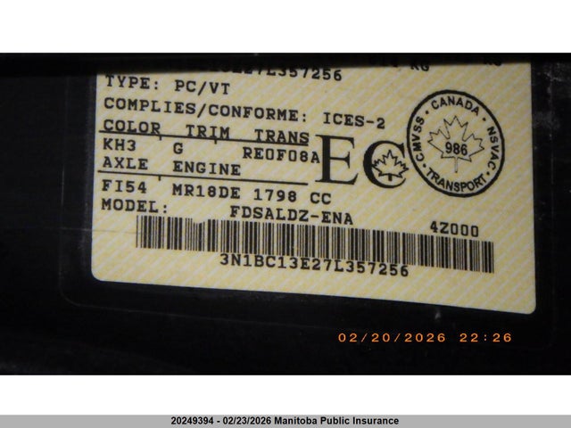 2007 Nissan Versa 1.8 S მანქანა იყიდება აუქციონზე, vin: 3N1BC13E27L357256, აუქციონის ნომერი: 20249394