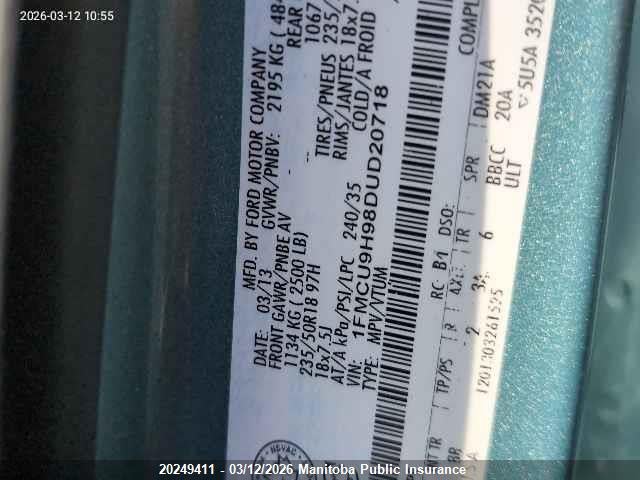20249411 :رقم المزاد ، 1FMCU9H98DUD20718 vin ، 2013 Ford Escape Sel مزاد بيع