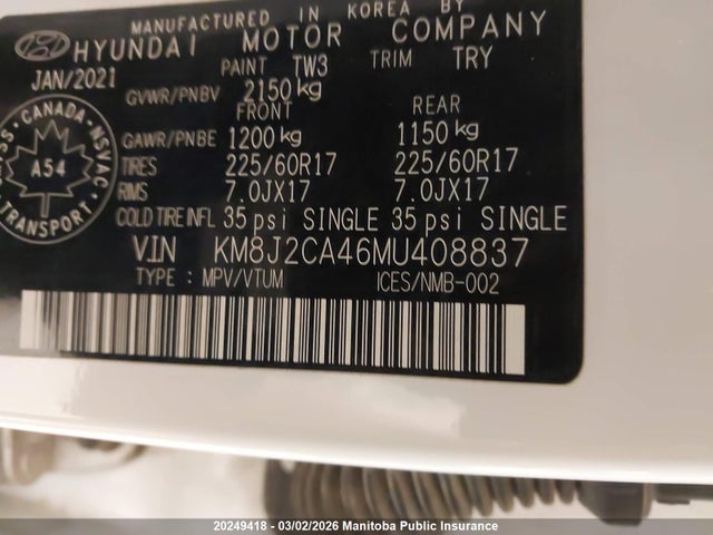 KM8J2CA46MU408837 Hyundai Tucson Essential