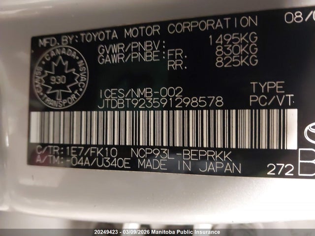 Aukcja sprzedaży 2009 Toyota Yaris, vin: JTDBT923591298578, numer aukcji: 20249423