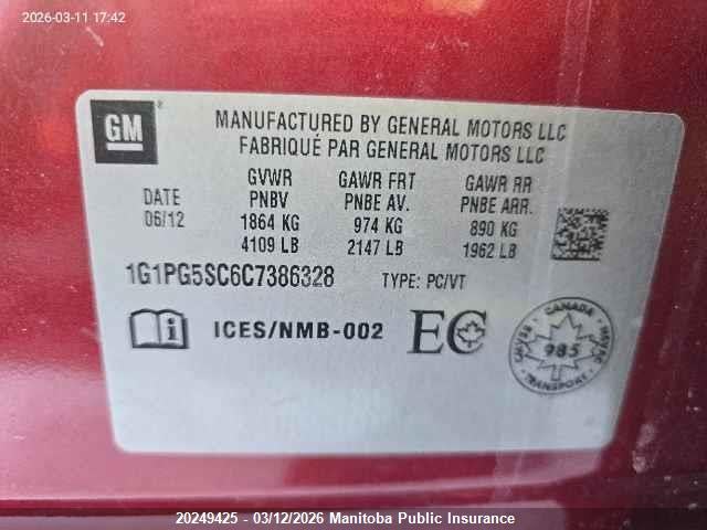 20249425 :رقم المزاد ، 1G1PG5SC6C7386328 vin ، 2012 Chevrolet Cruze Lt Turbo مزاد بيع