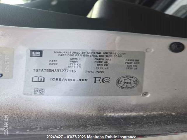 Aukcja sprzedaży 2009 Chevrolet Cobalt Lt, vin: 1G1AT55H397277116, numer aukcji: 20249427