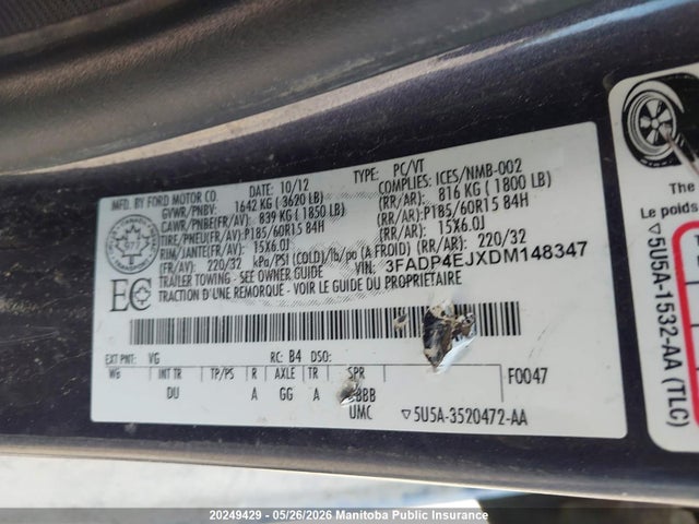 2013 Ford Fiesta Se მანქანა იყიდება აუქციონზე, vin: 3FADP4EJXDM148347, აუქციონის ნომერი: 20249429