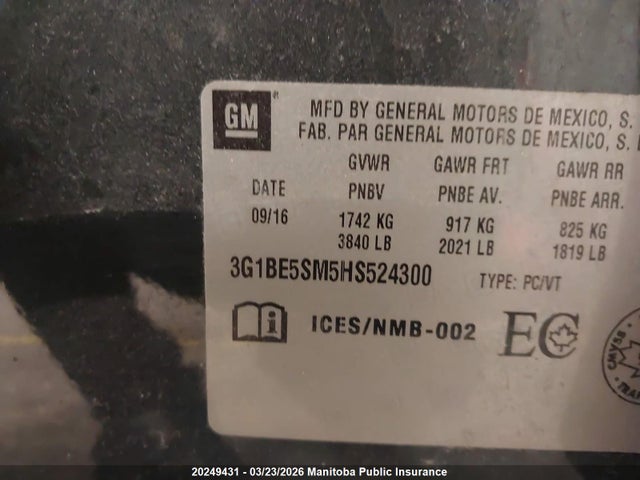 3G1BE5SM5HS524300 Chevrolet Cruze Lt Turbo