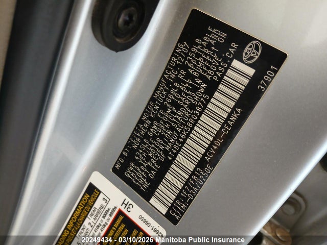 2008 Toyota Camry Le მანქანა იყიდება აუქციონზე, vin: 4T4BE46K58R038775, აუქციონის ნომერი: 20249434