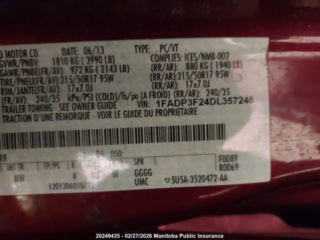 20249435 :رقم المزاد ، 1FADP3F24DL357246 vin ، 2013 Ford Focus Se مزاد بيع