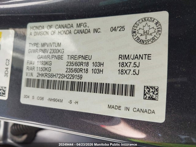 Продаж на аукціоні авто 2025 Honda Cr-v Ex-l Hybrid, vin: 2HKRS6H72SH229159, номер лоту: 20249444