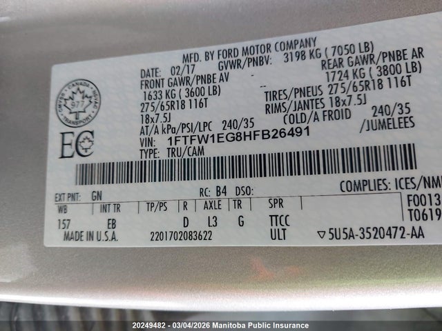 1FTFW1EG8HFB26491 Ford F-Series