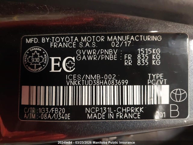 VNKKTUD38HA083699 Toyota YARIS LE