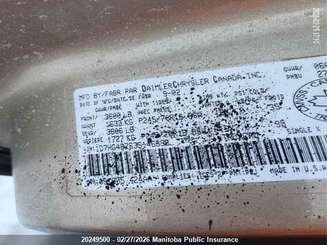 20249500 :رقم المزاد ، 1D7HG48Z63S146698 vin ، 2003 Dodge Dakota Slt V8 Quad Cab مزاد بيع
