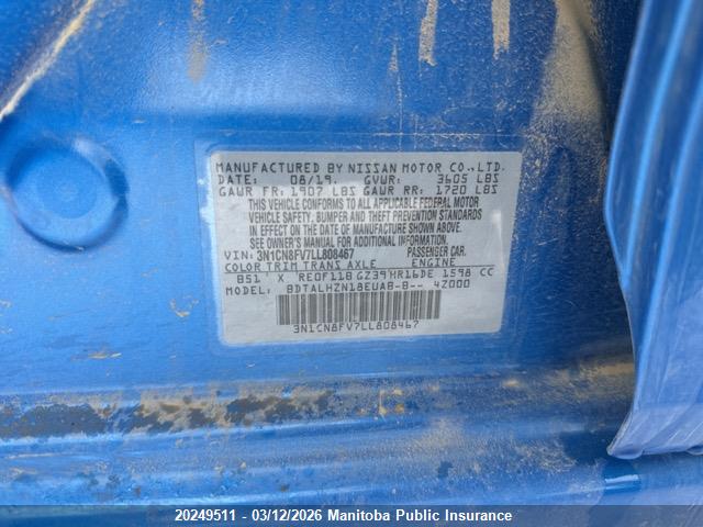 Aukcja sprzedaży 2020 Nissan Versa 1.6 Sr, vin: 3N1CN8FV7LL808467, numer aukcji: 20249511