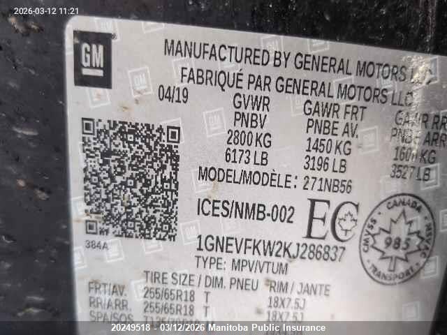 1GNEVFKW2KJ286837 Chevrolet Traverse Ls