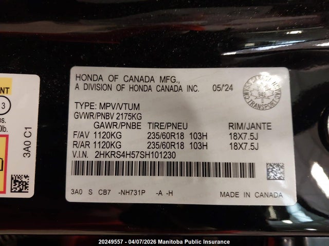 2HKRS4H57SH101230 Honda Cr-v Sport