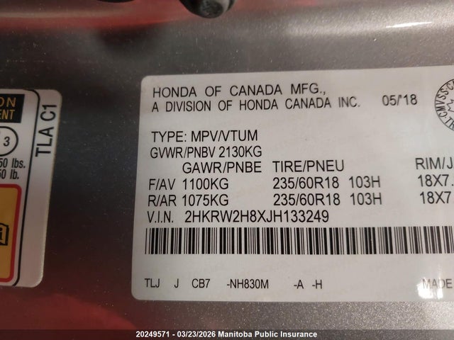 Продажа на аукционе авто 2018 Honda Cr-v Ex-l, vin: 2HKRW2H8XJH133249, номер лота: 20249571