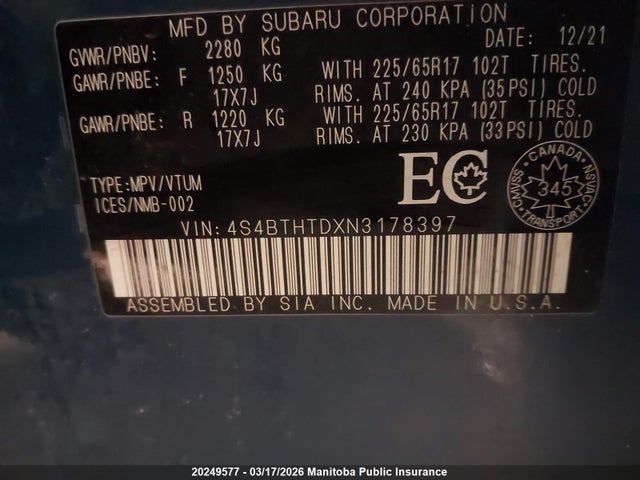 4S4BTHTDXN3178397 Subaru Outback Wilderness