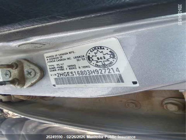Aukcja sprzedaży 2003 Honda Civic Lx, vin: 2HGES16803H927214, numer aukcji: 20249590