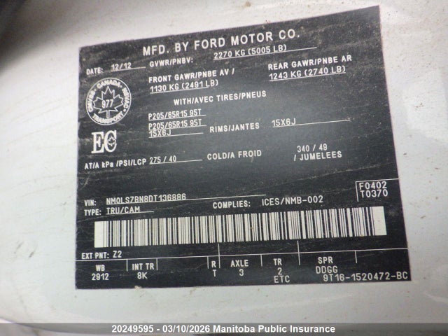 20249595 :رقم المزاد ، NM0LS7BN8DT136886 vin ، 2013 Ford Transit Connect Xlt Cargo Van مزاد بيع