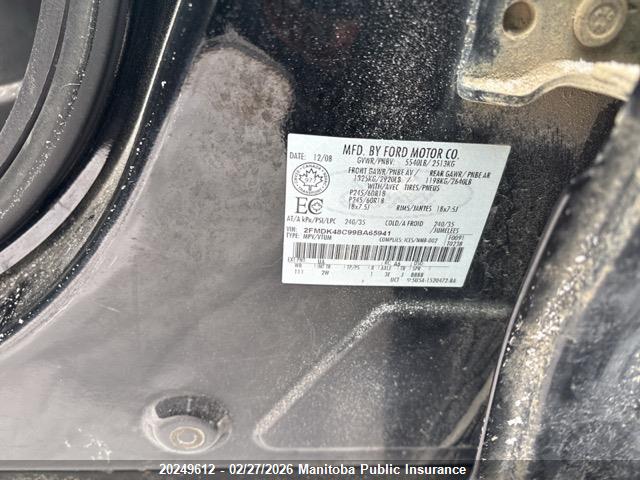 20249612 :رقم المزاد ، 2FMDK48C99BA65941 vin ، 2009 Ford Edge Sel مزاد بيع