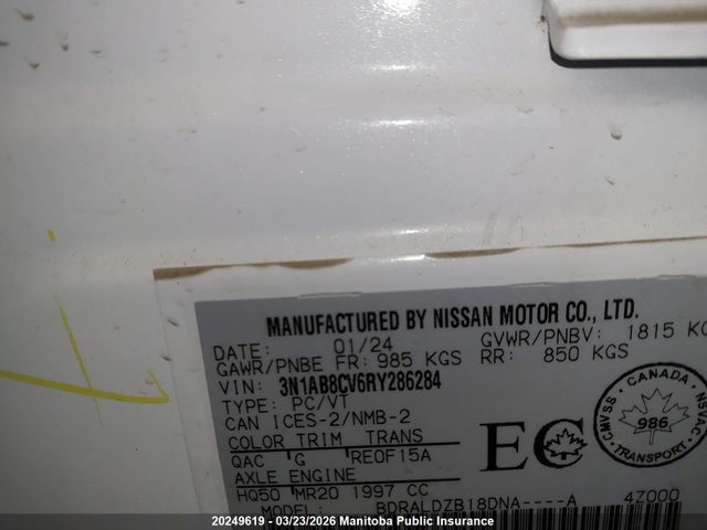 20249619 :رقم المزاد ، 3N1AB8CV6RY286284 vin ، 2024 Nissan Sentra 2.0 Sv مزاد بيع