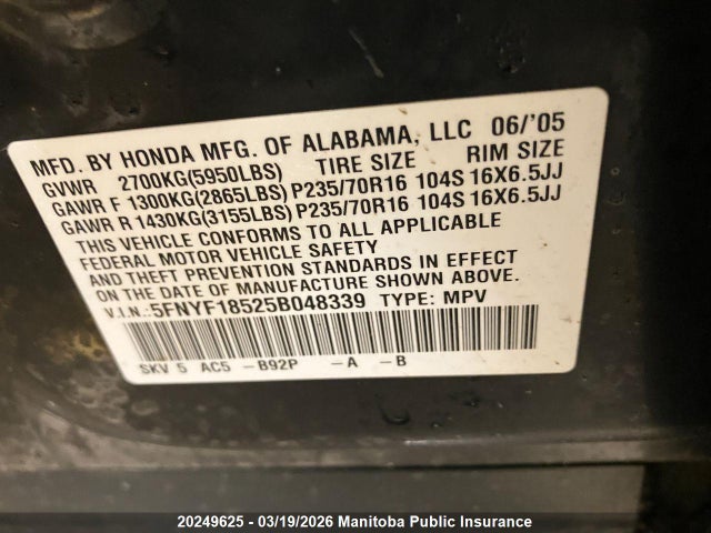 Aukcja sprzedaży 2005 Honda Pilot Ex-l, vin: 5FNYF18525B048339, numer aukcji: 20249625